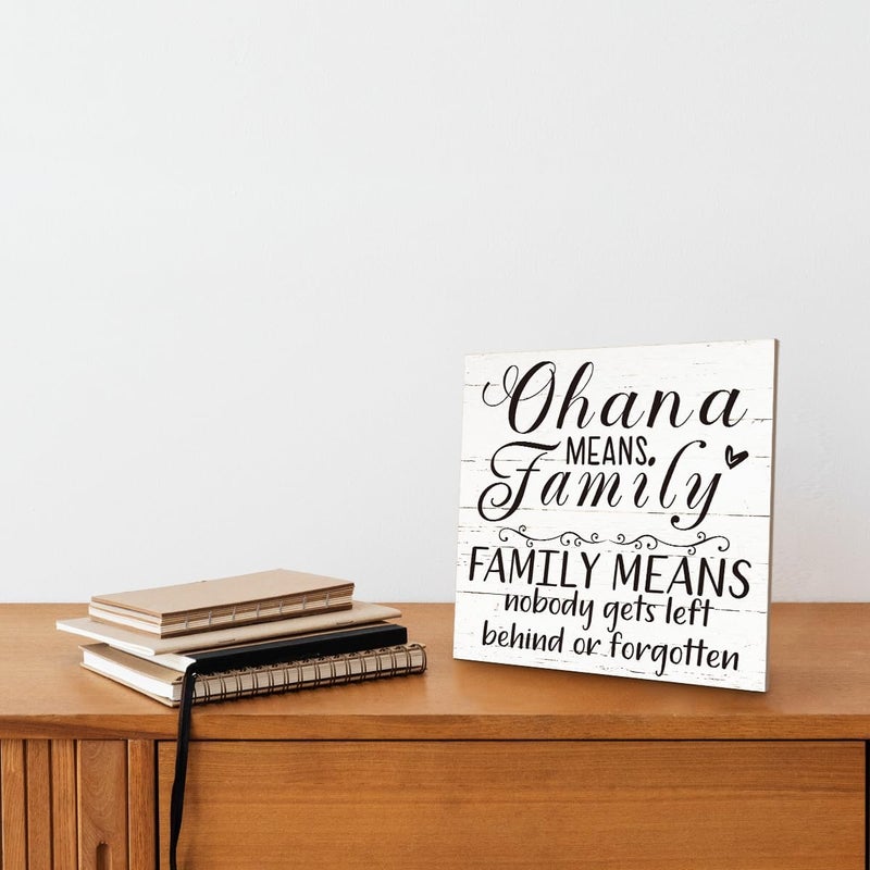 SUSZDOU Family Wooden Plaque, “Family Means Nobody Gets Left Behind or Forgotten”, 6.2x6.2 Inch Table Art Sign, Farmhouse Quote Decor for Living Room or Home Tabletop D - Image 4